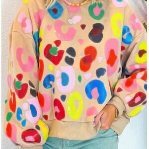 Khaki Multicolor Leopard Printed Drop Shoulder Pullover Sweatshirt Kawaii